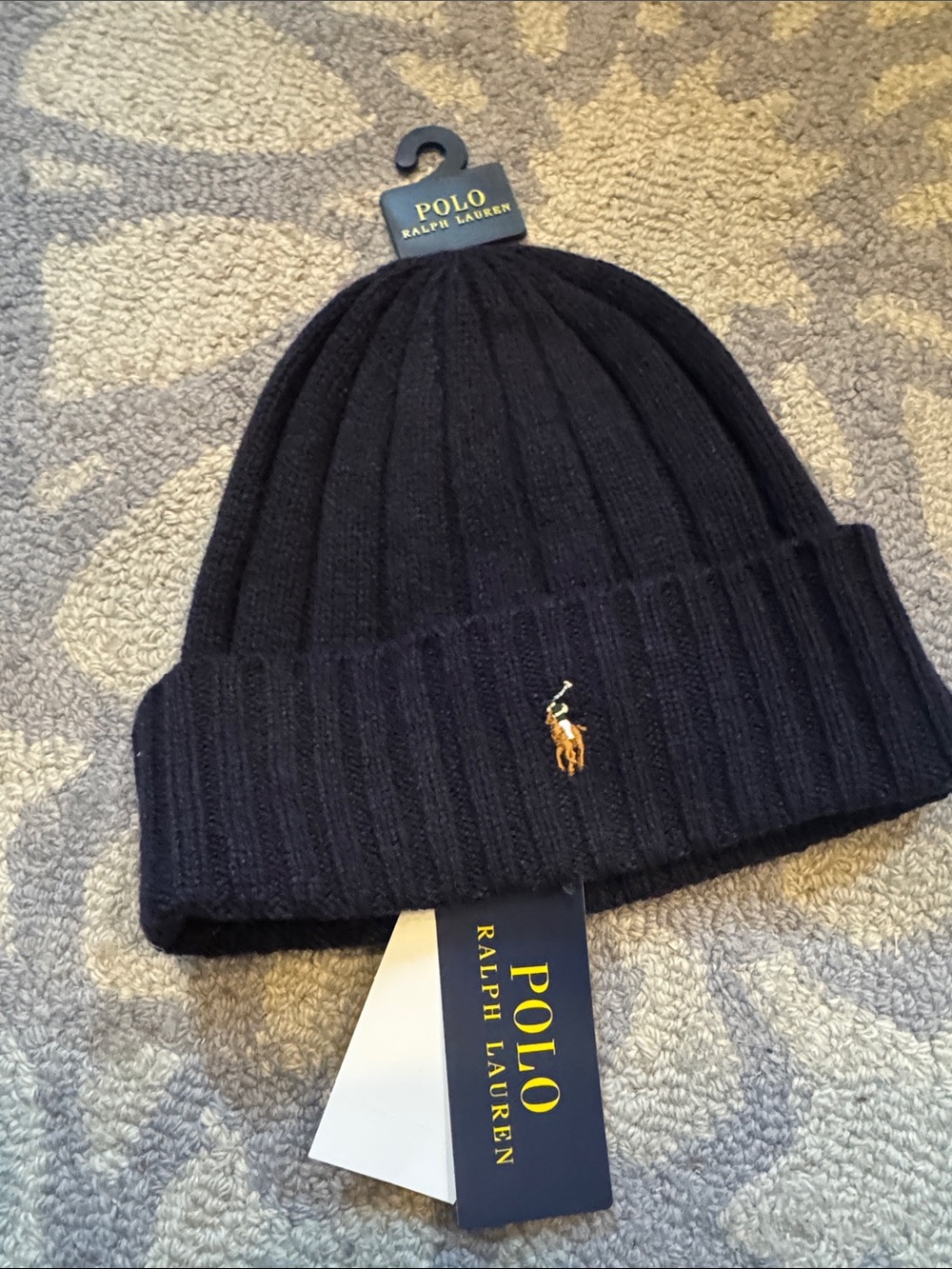 Polo by Ralph Lauren Navy Ribbed Knit Beanie with Embroidered Pony Navy
